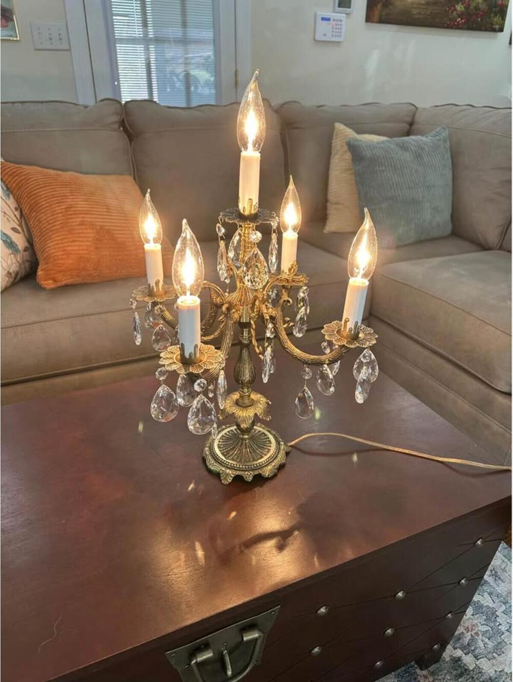 Antique Five armed Spanish Brass and Crystal Candelabra or Table Chandelier